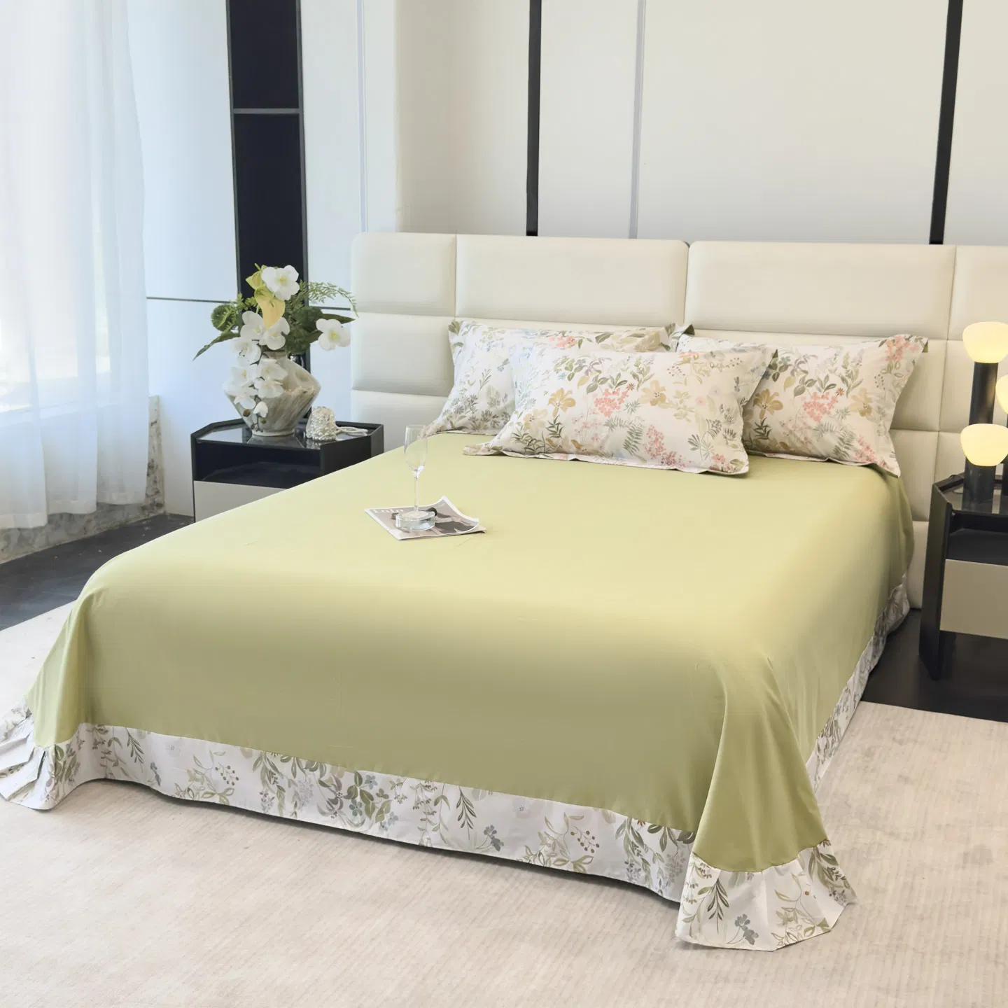 100% Cotton Home Textiles Bedding Set Flat Fitted Sheet with 2pillow Case