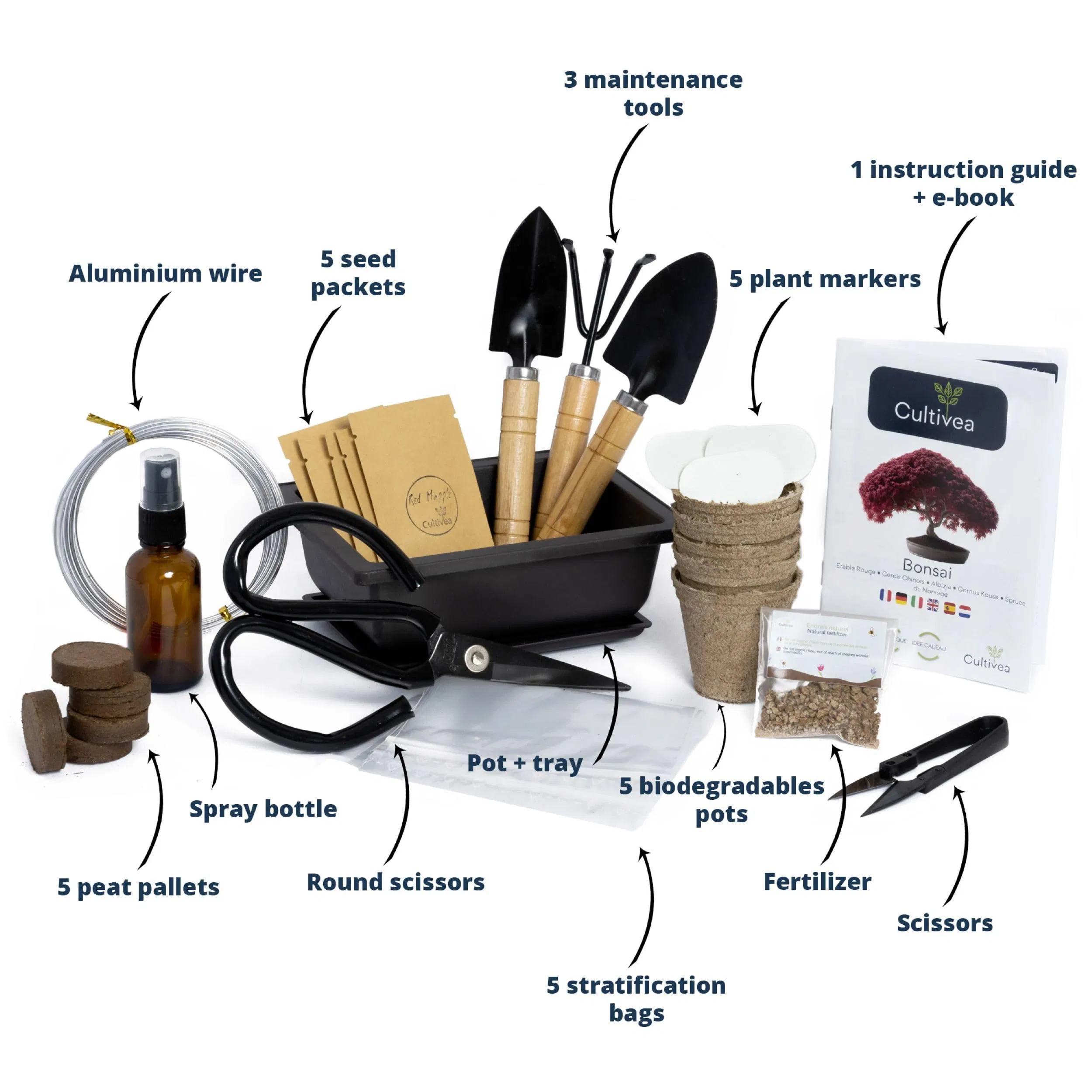 Cultivea Ready to Grow Premium Bonsai Kit Garden and Decorate Care for Your Bonsai and Natural Plants Thread Fertilizer Tools Round Scissors Bonsai Scissors Kit