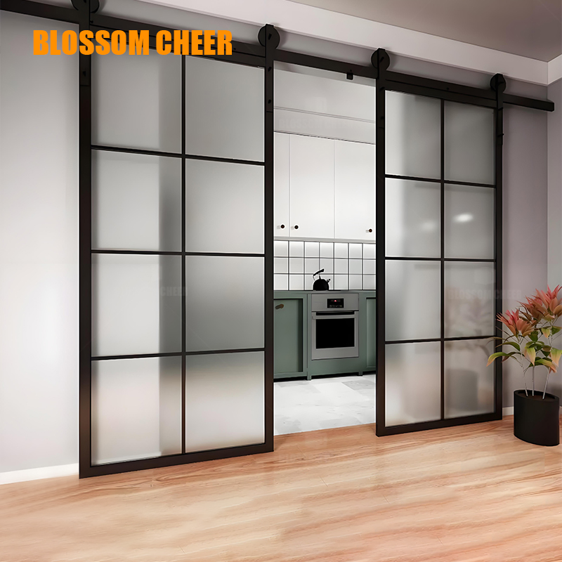 Aluminum French Double Glass Sliding Bedroom Barn Door Design for Interior Doors