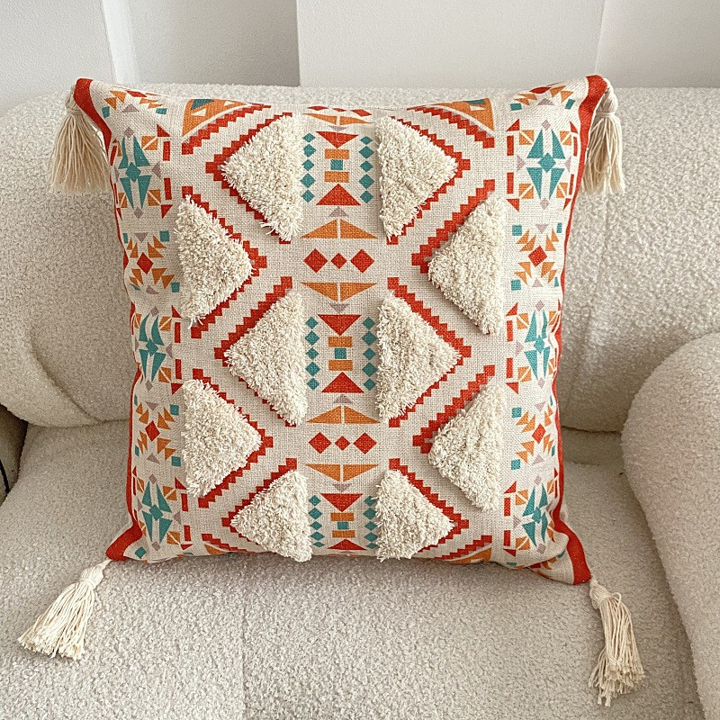 Soft Tufted Woven Throw Pillow Boho Geometric Printed Decorative Cushion with Tassel Comfortable Fabric for Living Room Sofa Bedroom
