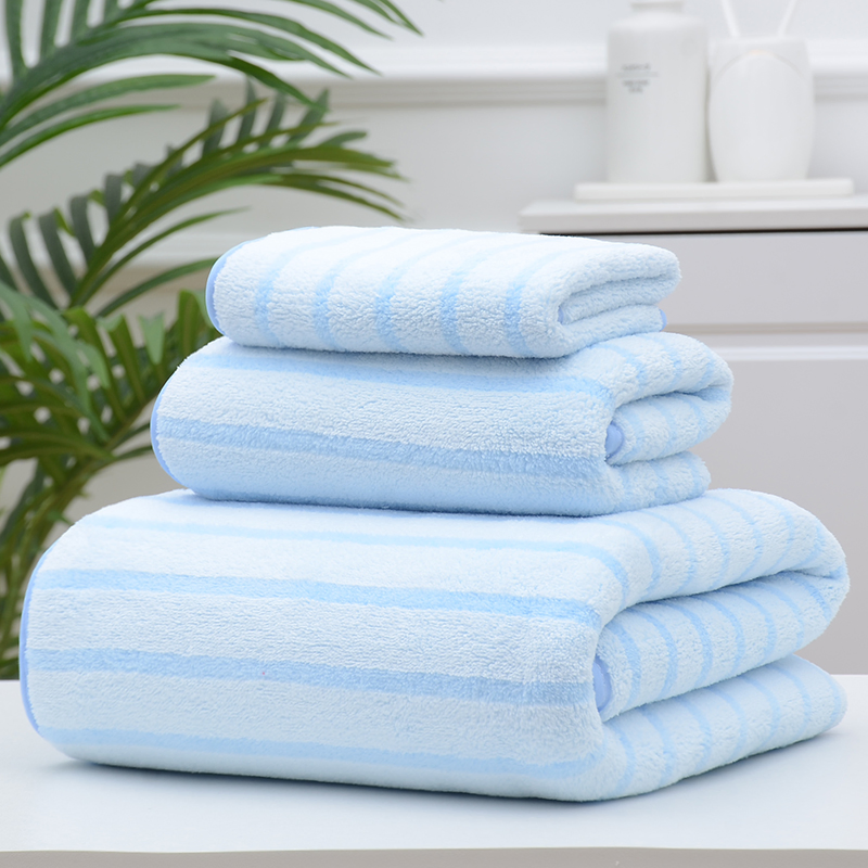 Good Quality Wholesale Cheap Price Quick Drying Absorbent Soft Comfortable Microfiber Coral Fleece Stripe Hotel Bathroom Towel Set