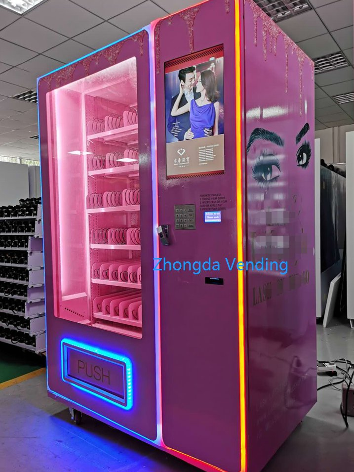 Zhongda Multi Lane Convey Belt Elevator Distributeur Automatique for Trading Cards Beauty Makeup Vending Machine Pink with LED Light