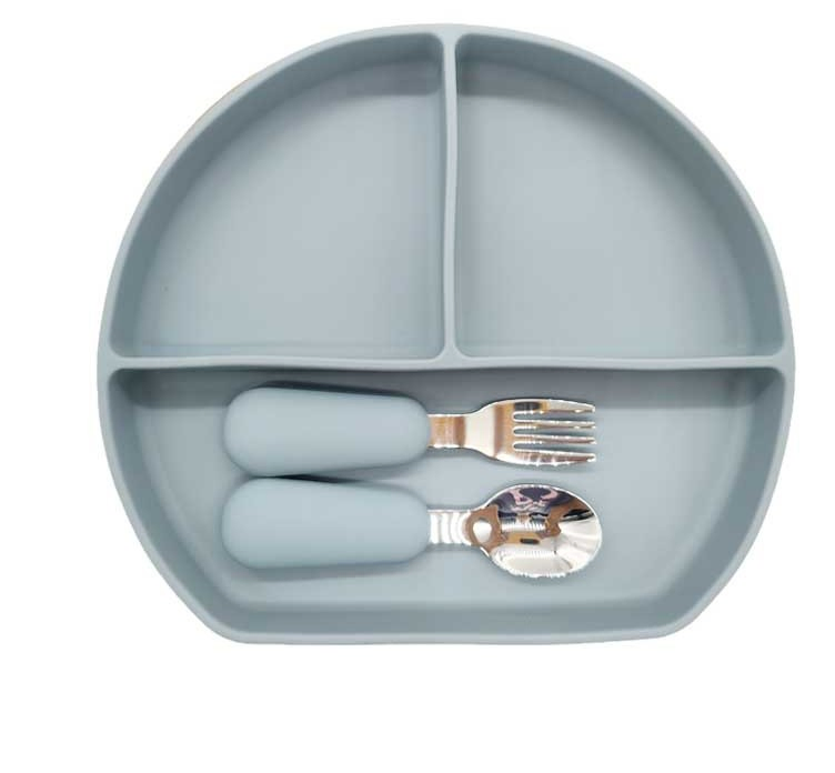 100% Food Grand Divided BPA Free Microwave Safe Baby Silicone Three-Compartment Plate with Stainless Steel Spoon and Fork
