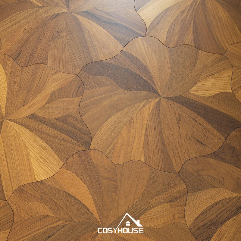 Elegant Oak Hardwood Flooring with Multi-Layer Structure and Intricate Lotus Flower Inlaid Design, Luxury Flooring for Modern Homes