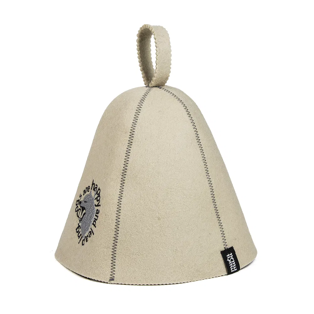 Beige Felt Sauna Hat with Dog Pattern & Text - Ideal for Comfortable Sauna Leisure & Relaxation