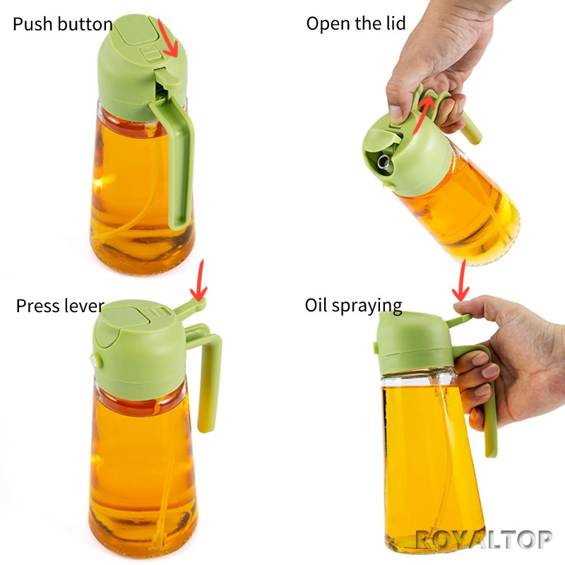 Novel Dark Green Brown Glass Olive Oil Vinegar Dispenser 470ml 2 in 1 Oil Spray Bottle for Kitchen Cooking Camping Grilling