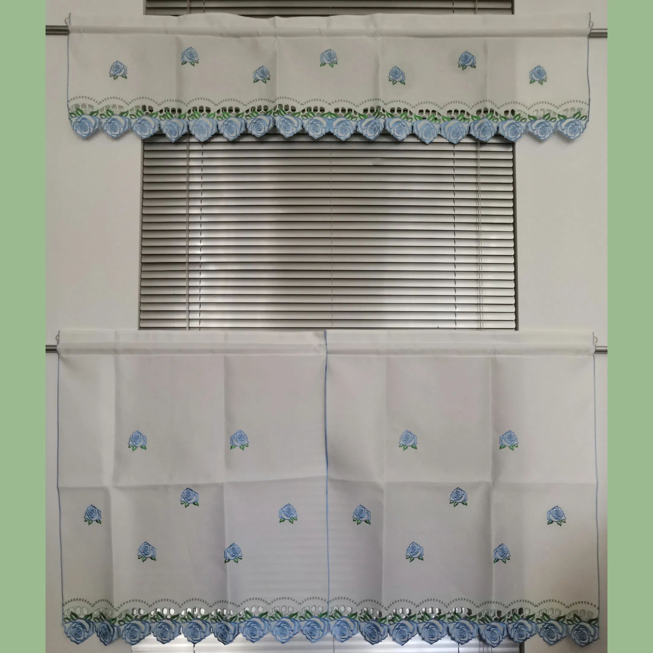 Light Blue Embroidered Rose Border Kitchen Curtain