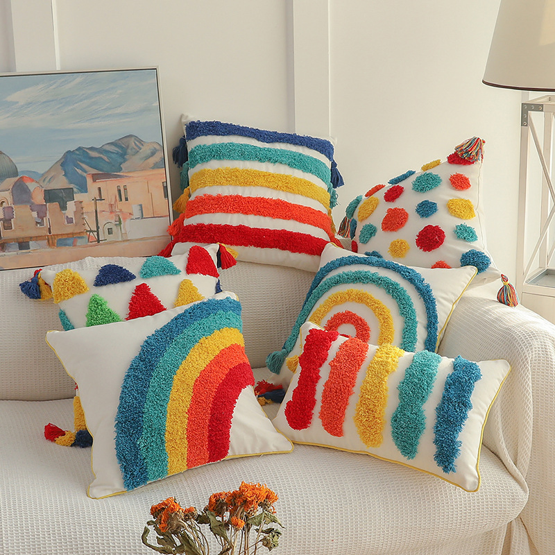 Rainbow Tufted Throw Pillow Cover, Woven Colorful Tufting Neutral Pillow Cases Modern Cushion Covers