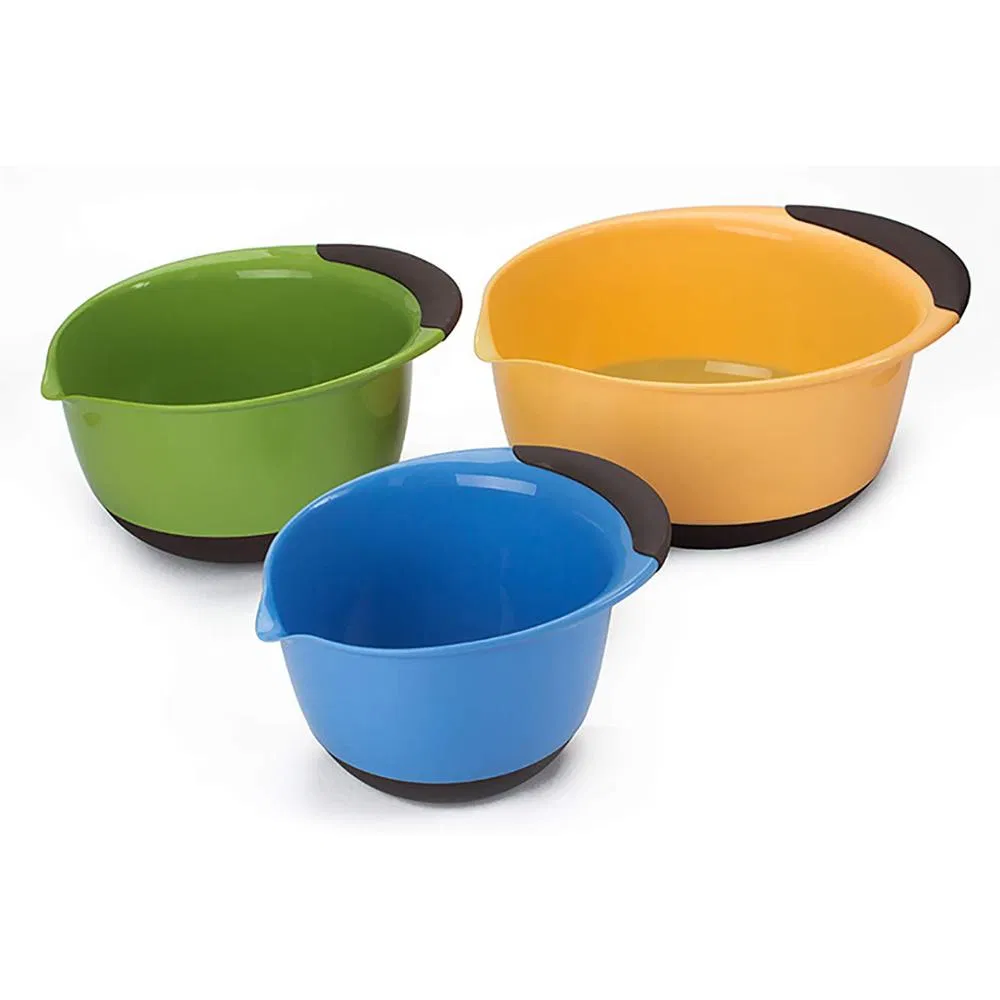 Plastic Nesting Mixing Bowls Set with Rubber Grip Handles Easy Pour Spout