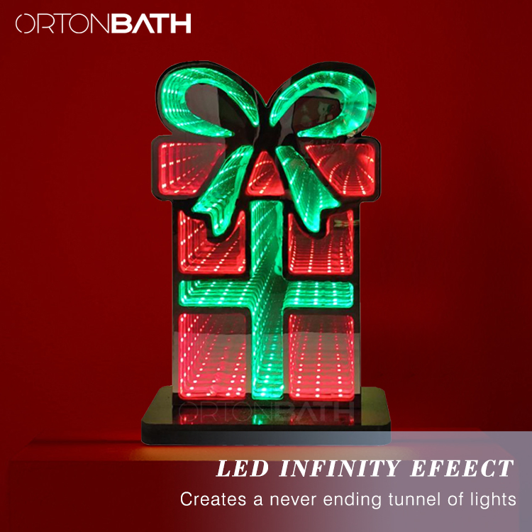 Ortonbath Infinity Mirror Light USB Powered Santa Claus Seasonal Holiday Decor LED Christmas Decoration 3D LED Mirror Light with Bow-Knot Gift Design