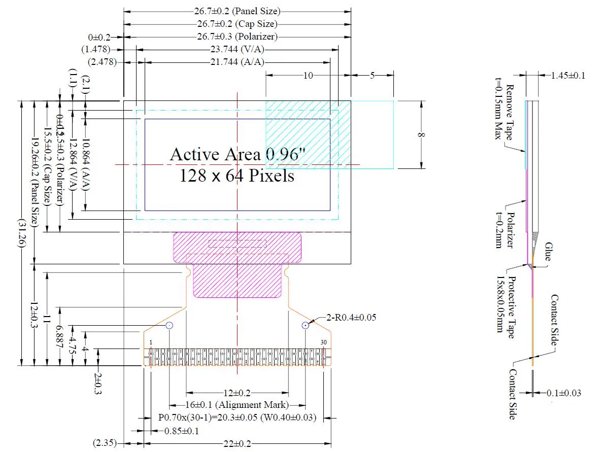 OLED дисплей 0.96 дюйма, синий, I2C