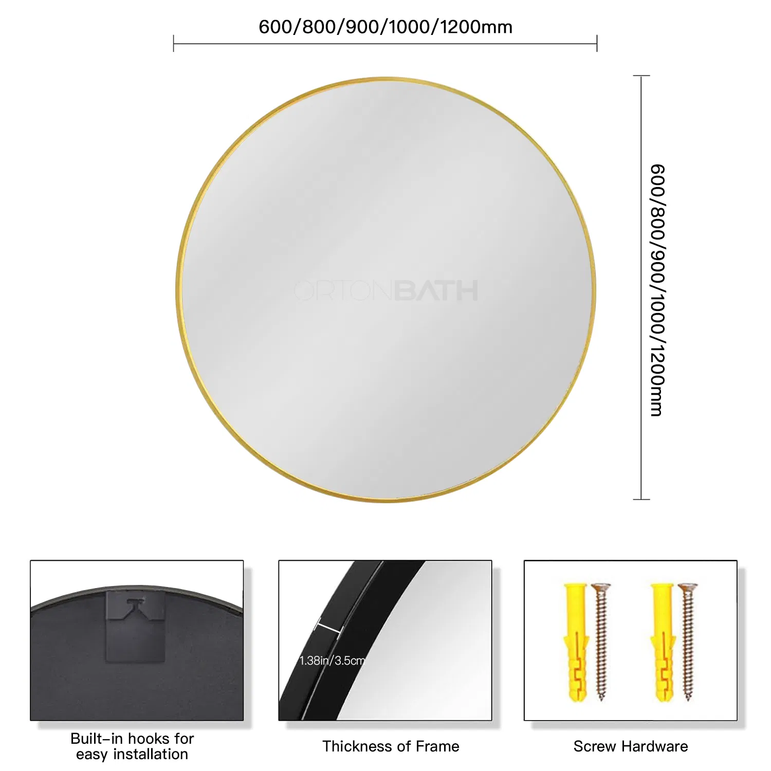 Ortonbath Designs Round Metal Mirror, Bathroom Vanity Wall Mirrors, Circle Mirror for Desk, Metal Framed Bedroom Mirror (30"/Gold)