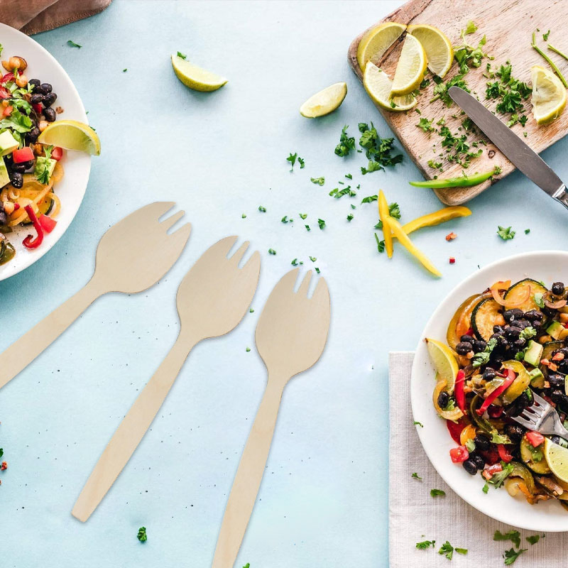 Compost Disposale Wooden Cutlery Birch Wood 146mm Spork in One Poly Bag