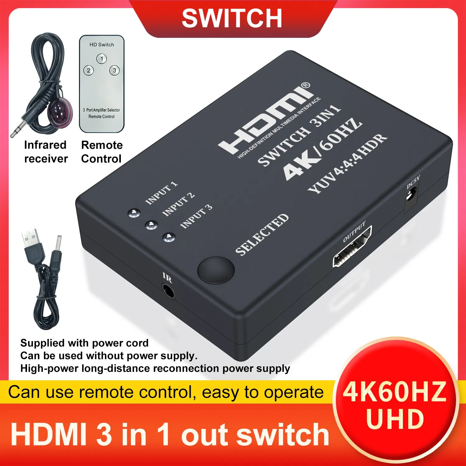 Коммутатор HDMI 3x1 4K 60Гц с пультом