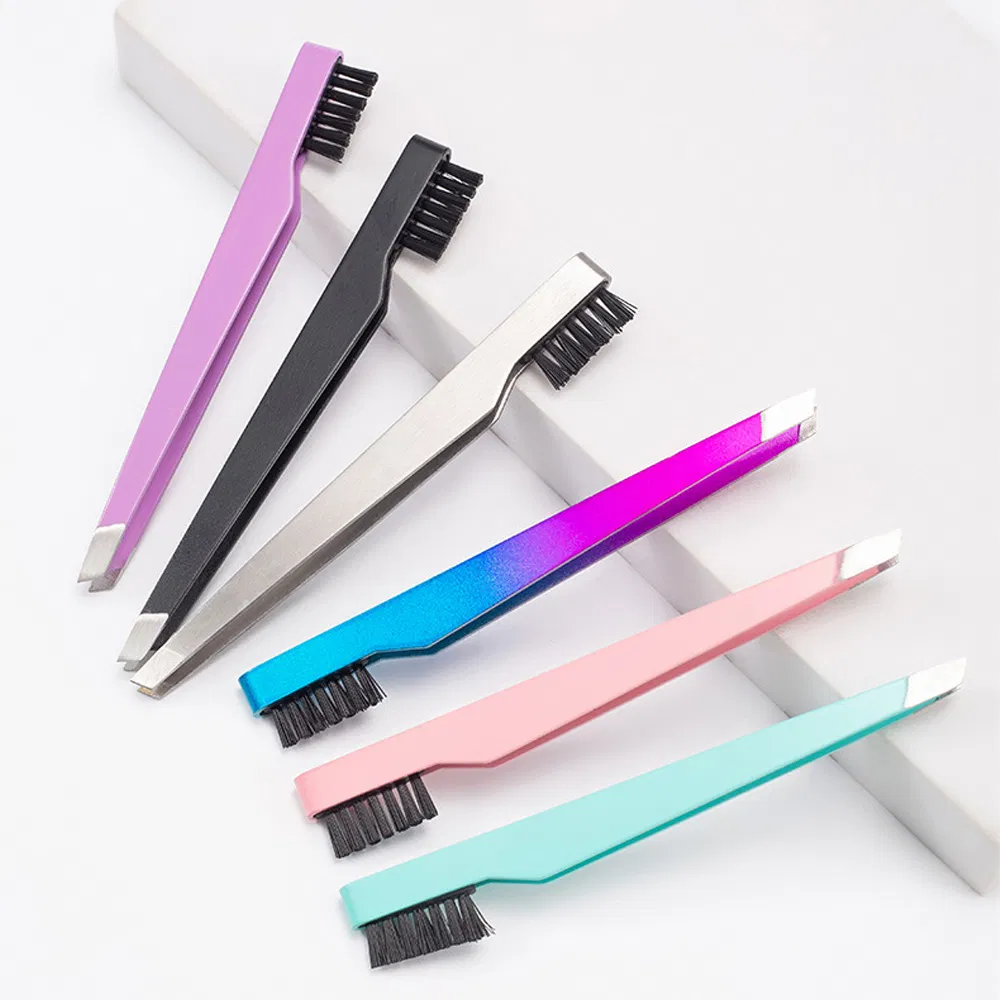 Stainless Steel Squared Eyebrow Eyelashes Tweezers Slanted Lashes Eyelash Tweezer with Nylon Brush