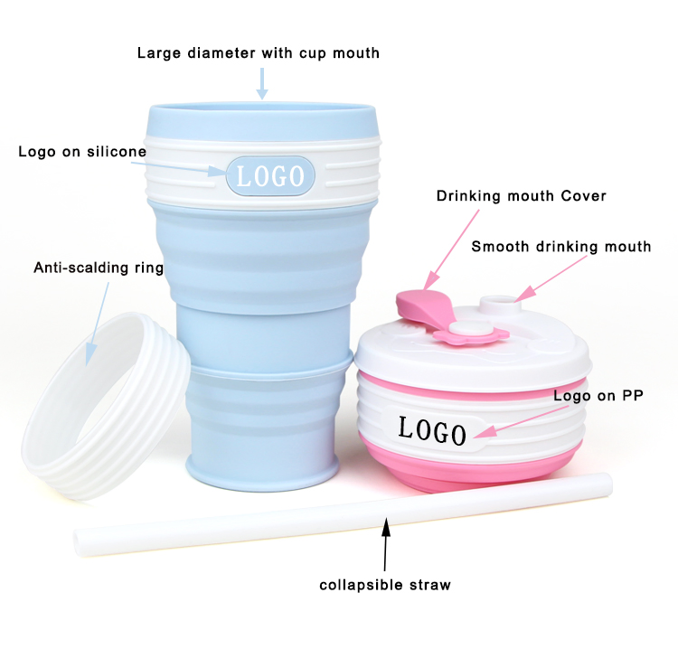 Складная силиконовая кружка 600 мл с крышкой и трубочкой