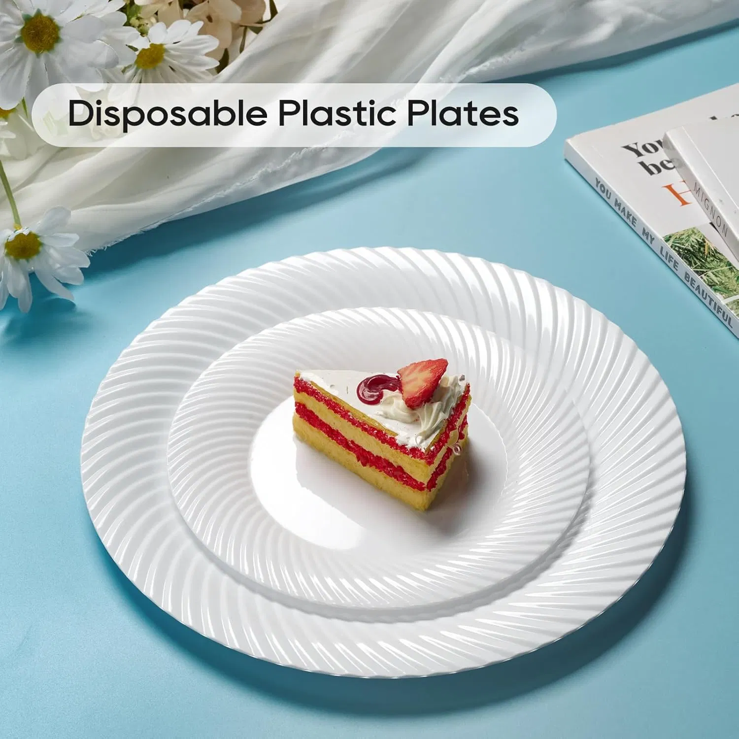 7 Inch White Plastic Plates with Threaded Rim Disposable Heavy Duty Salad Dessert Plates, Premium Hard Plastic for Weddings, Parties and Events