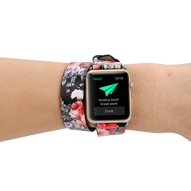 Elegant Floral Print Leather Watch Band for Apple Watch