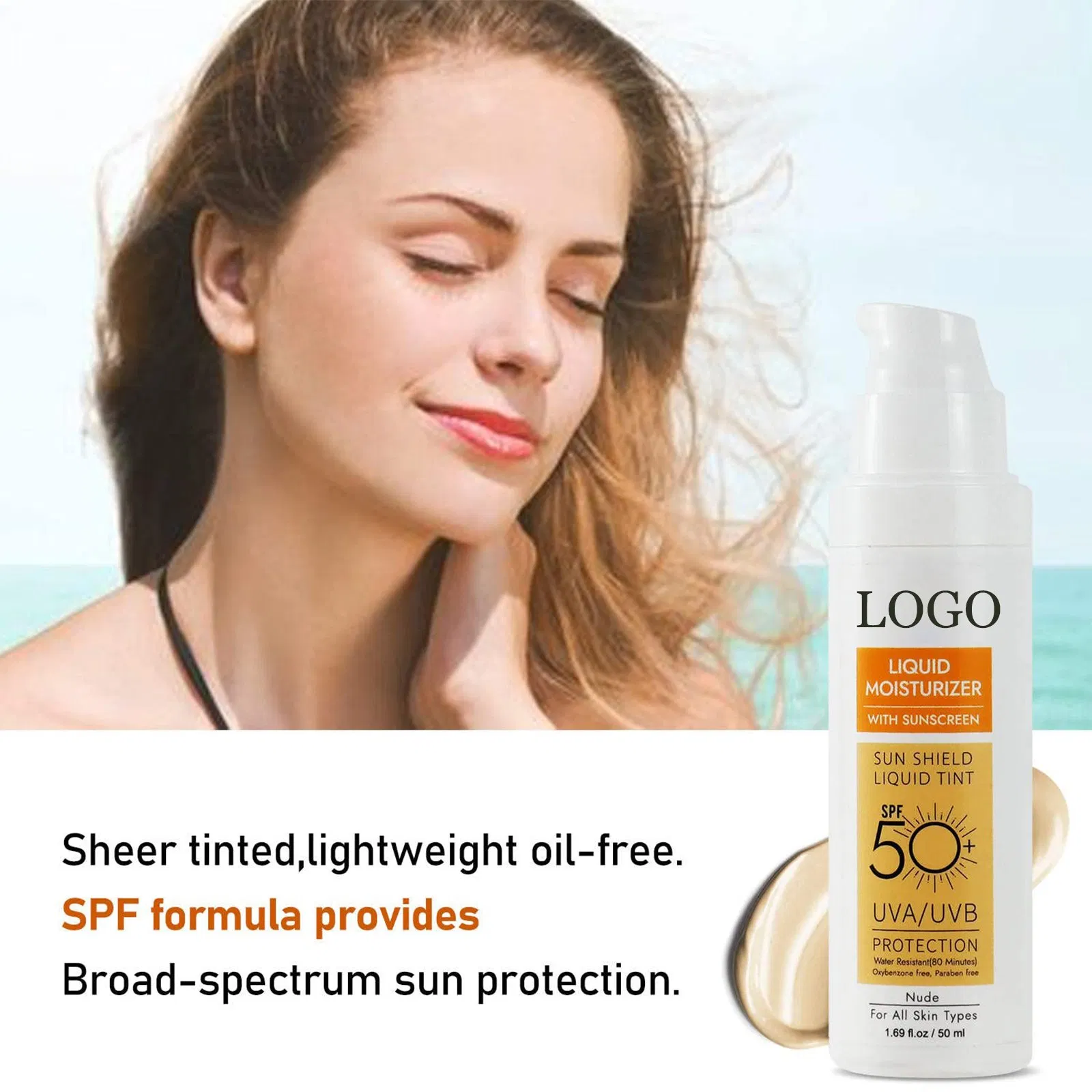 Cosmetic Skin Care SPF 50 UVA/UVB Broad Spectrum Waterproof Sheer Nude Color Tinted Liquid Moisturizer Sunscreen