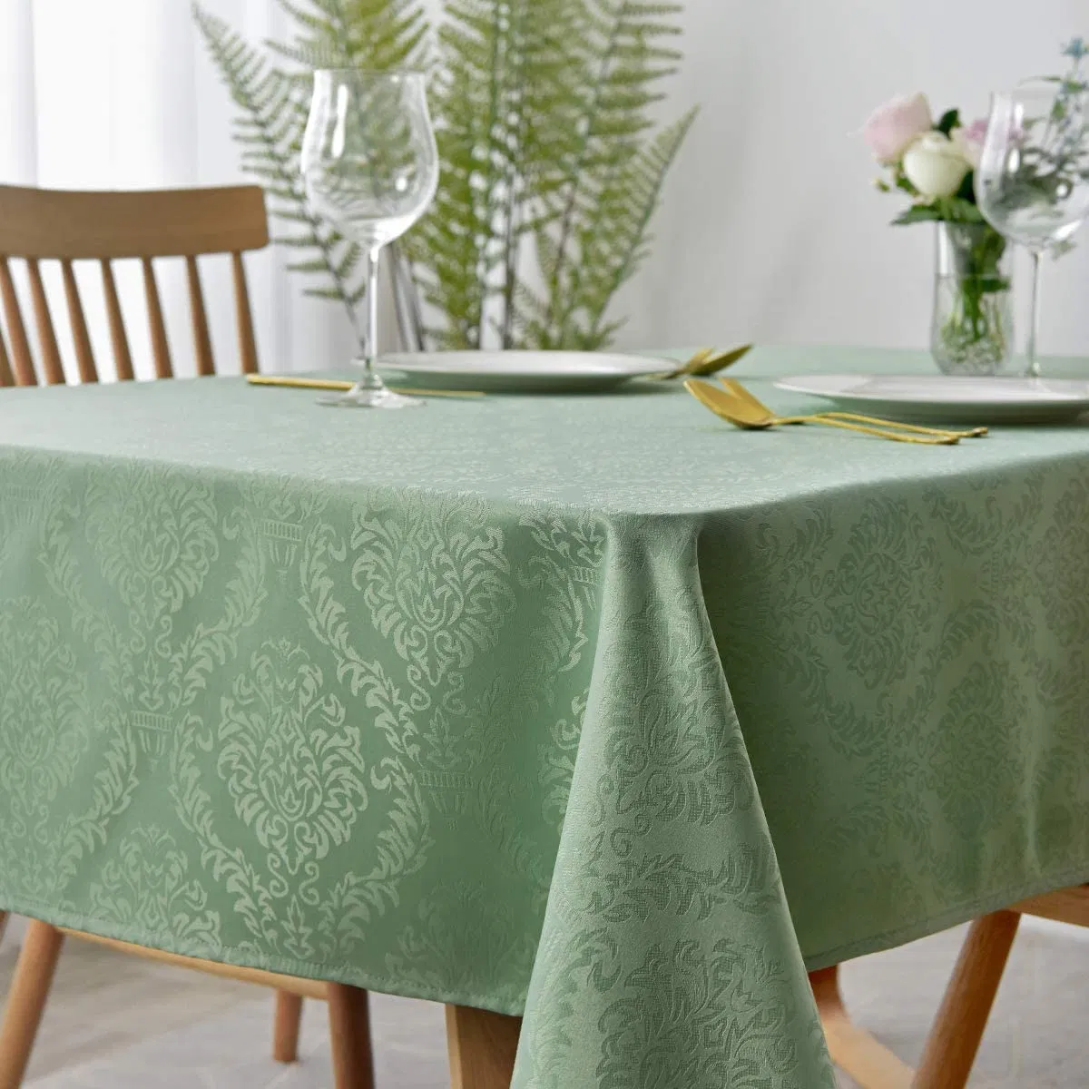 Jacquard Tablecloth Damask Design Water Resistance Antiwrinkle Oil Proof Table Cloth for Buffet Banquet Parties, Green