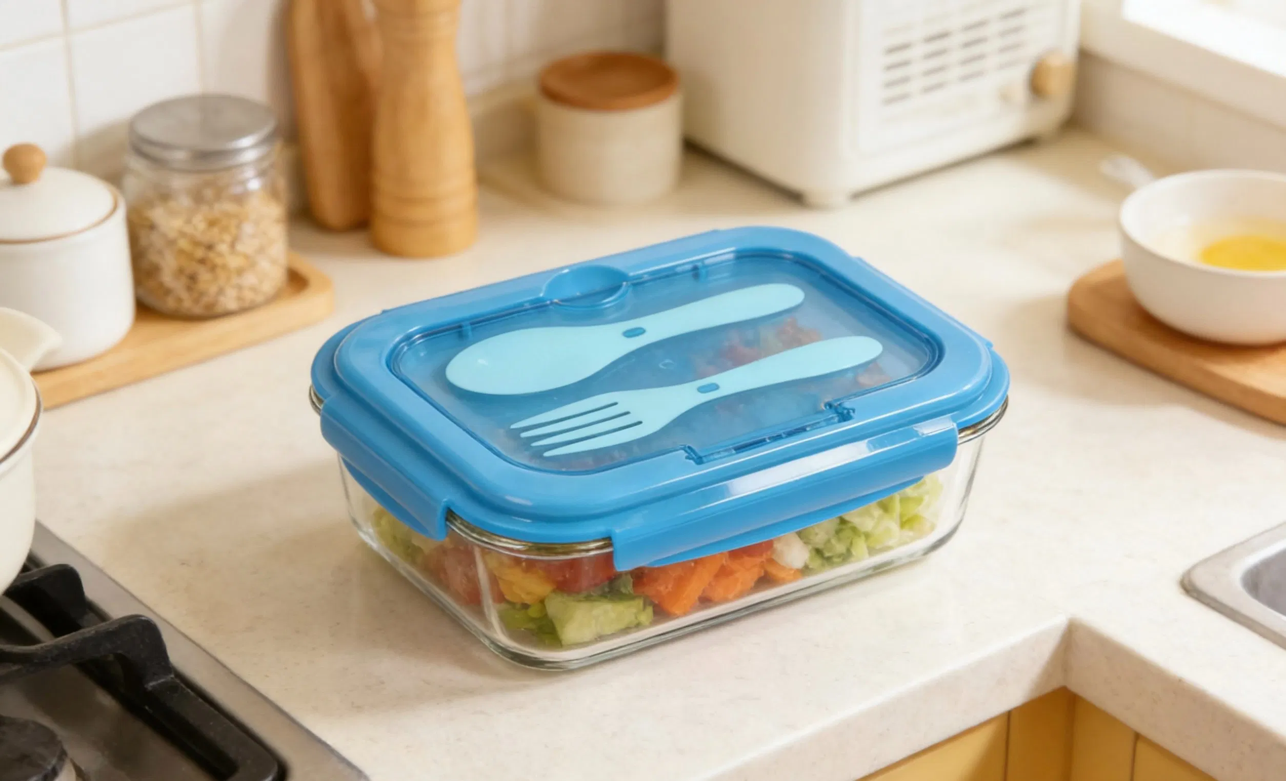 Bestfull Ecofriendly Airtight Meal Prep Glass Food Storage Containers Lunch Box with Lid and Plastic Cutlery