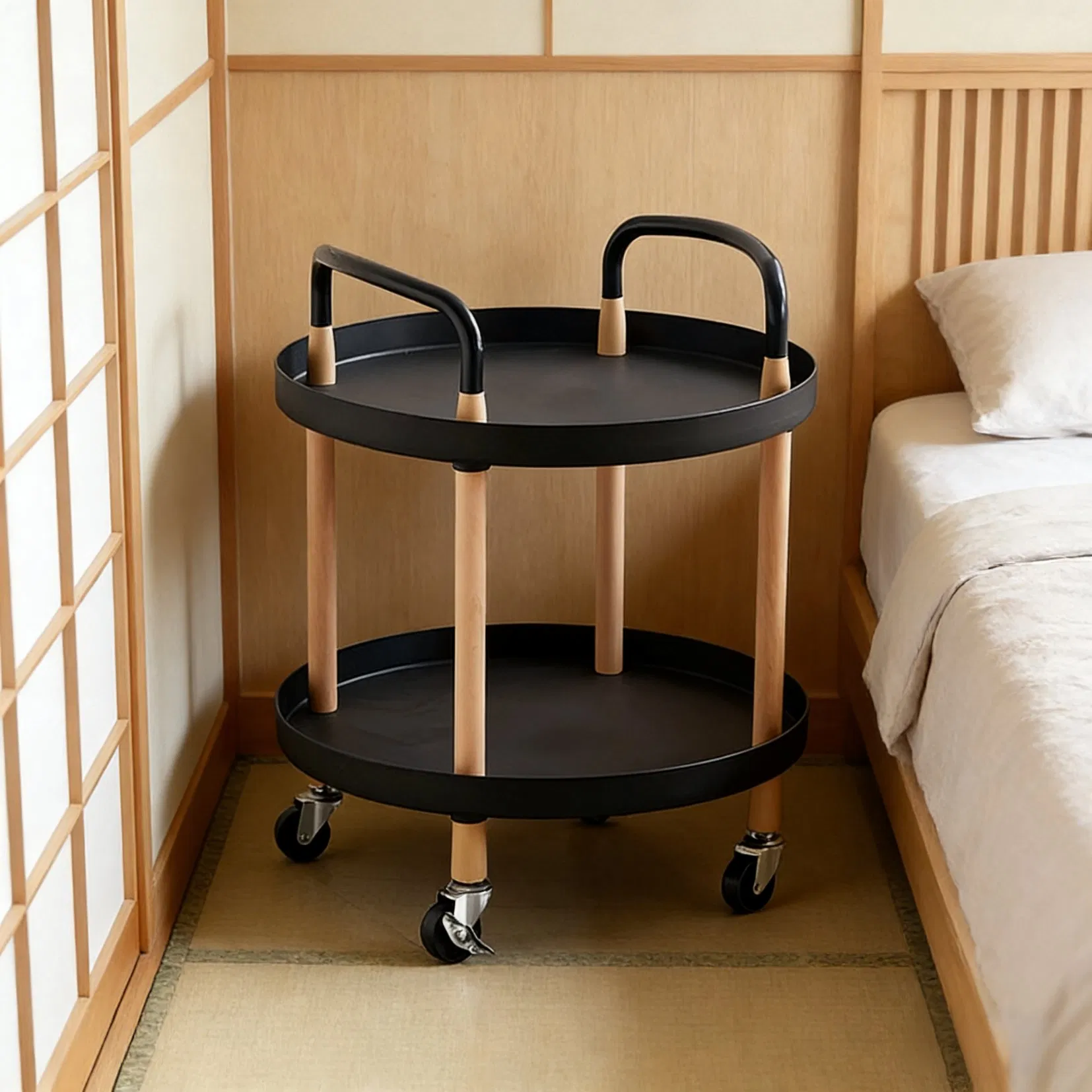 OEM Wood Display Shelf Rolling Utility Cart Trolley Rack with Wheels Factory Price