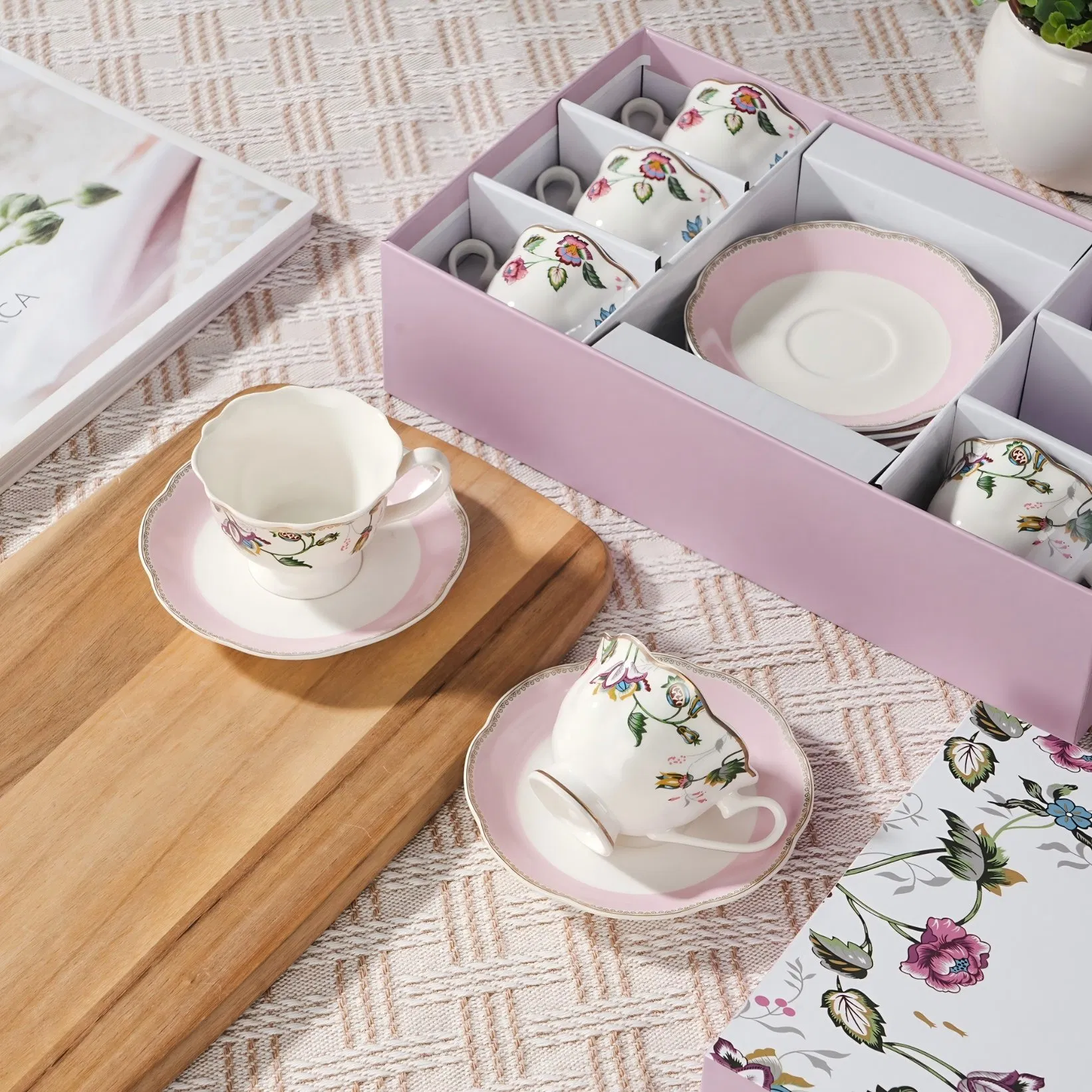 Wholesale Set of 6 Gift Box Floral Ceramic 220ml Coffee Tea Cup