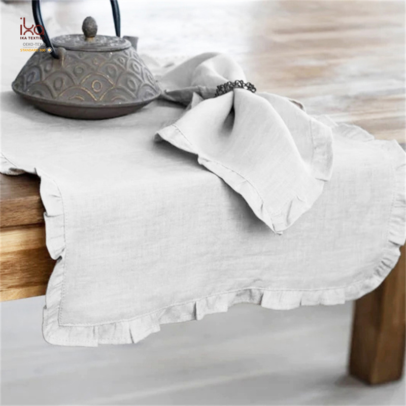 Wholesale Wedding Decoration Items Rustic Home Decor Natural White Party Dinner Ruffle Custom Printed Pure Linen Napkin with Embroidery Logo