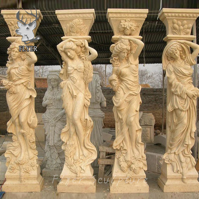 Home Decoration Modern Hand Carved Natural Stone Greek Lady Statue Beige Marble Column