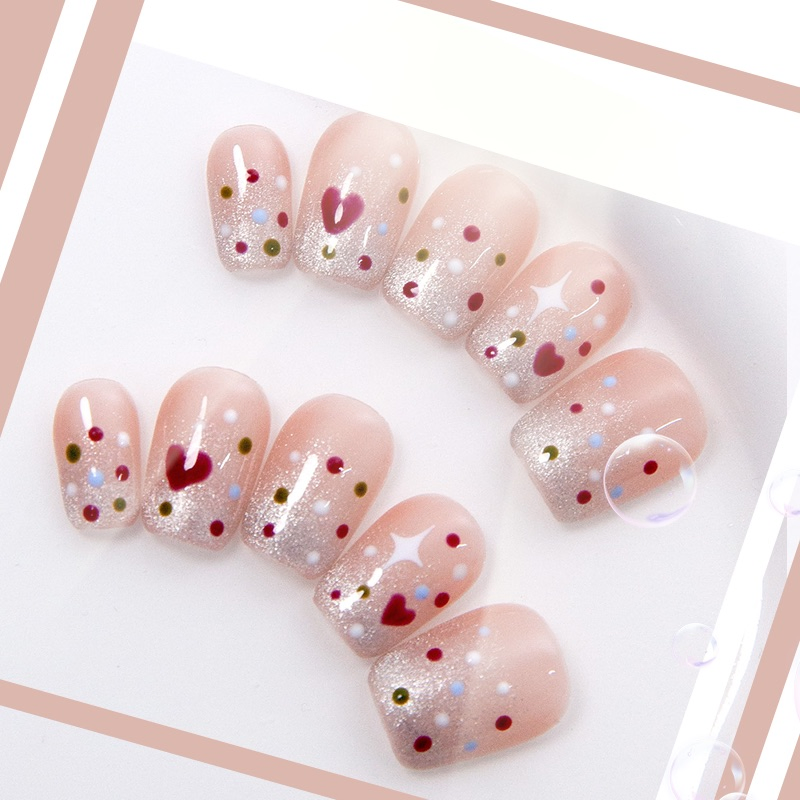 Sweet Pink Glitter Press-on Nails with Heart and Star Patterns