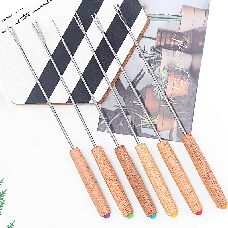 6-Piece Set of Oak Handled Swiss Cheese Hotpot Fork Cheese Chocolate Hotpot Fork
