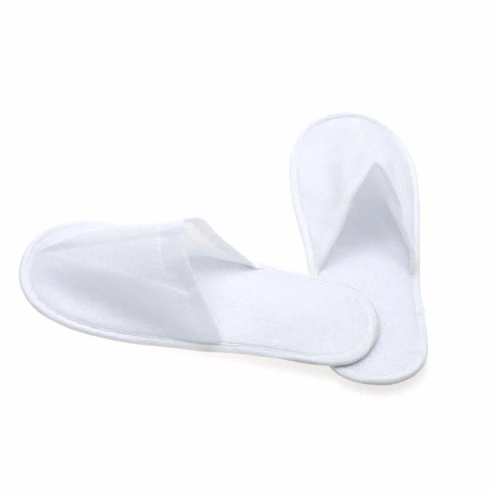 OEM Custom Logo Wholesale Cheap Disposable White Guest Bedroom Slippers for SPA Cotton Terry Velour EVA Sole Hotel Slippers