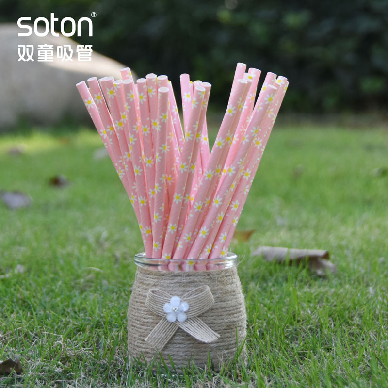 Party Disposable Biodegradable Pink Daisy Paper Straw