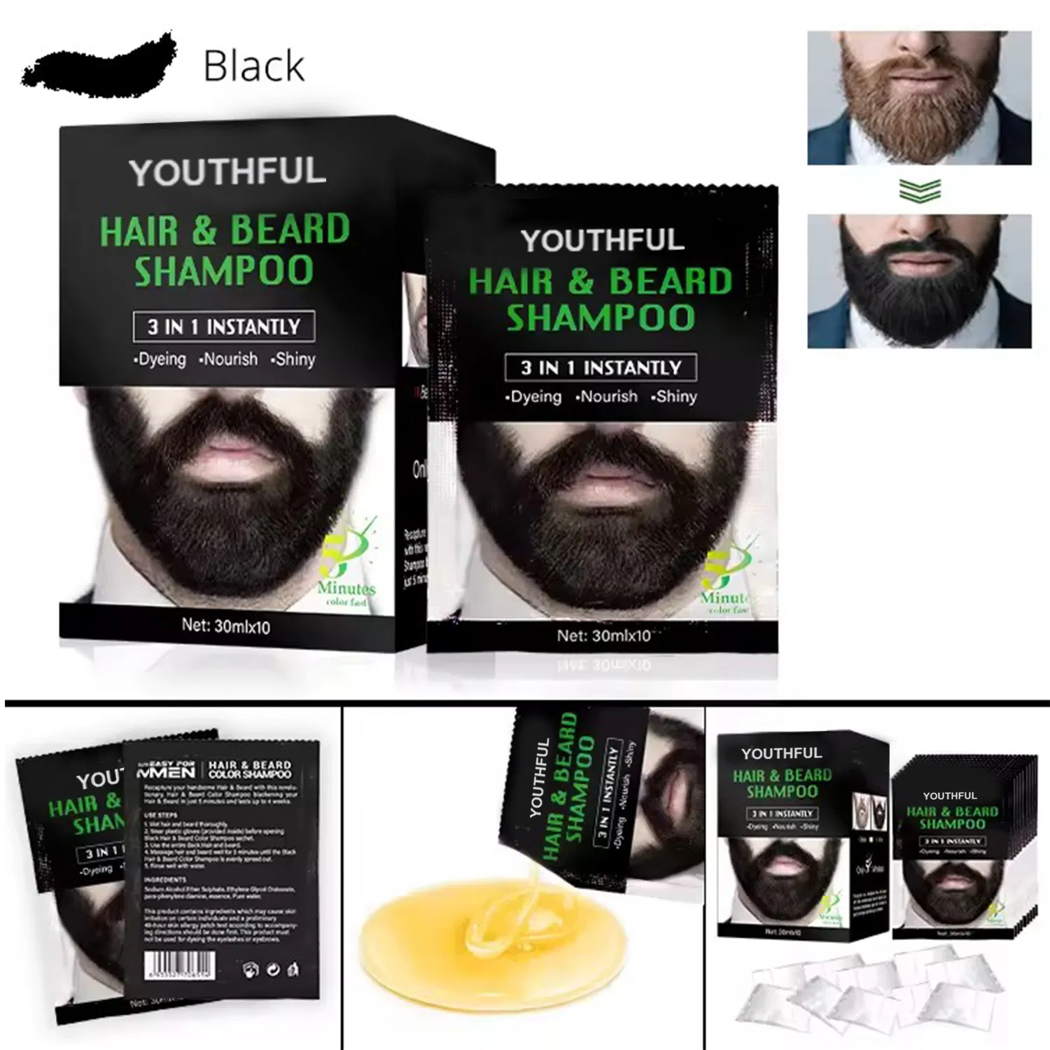 Black Hair Beard Oil Color Dye Shampoo for Men