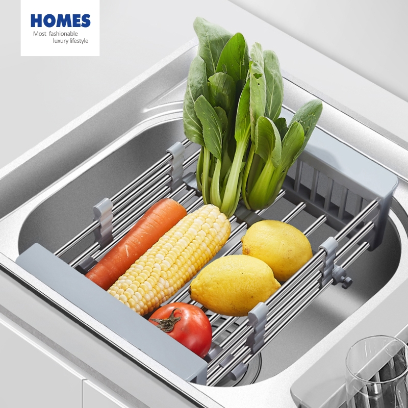 Kitchen Utensils Stainless Steel Retractable Sink Drain Rack Vegetable Washing Storage Basket
