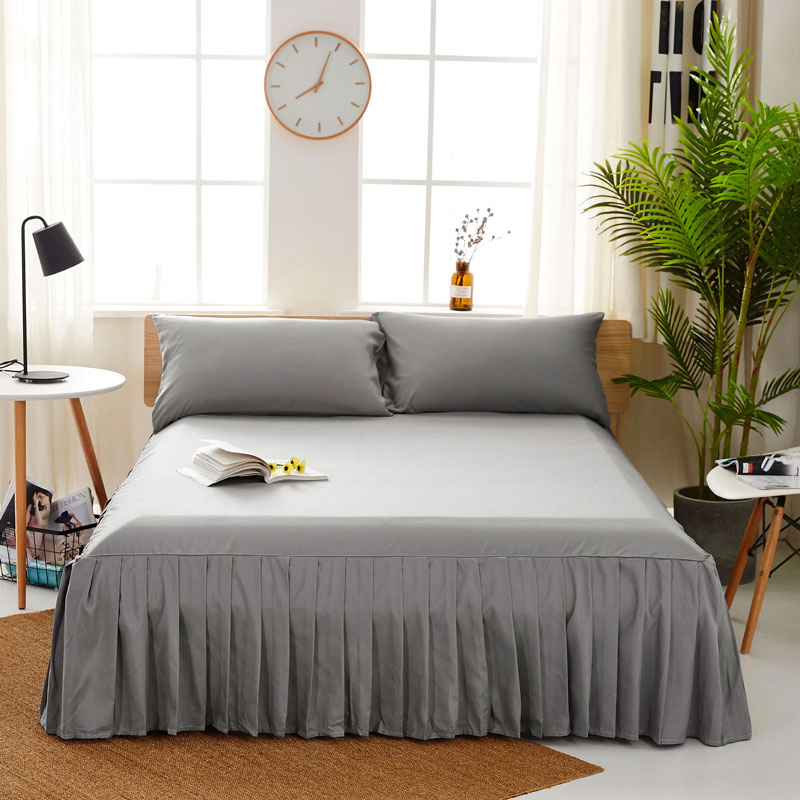 Wholesale Premium Polyester Plain Color Gray Bedspread Bed Skirt Ultra-Soft Reactive Dyeing Bed Cover Skirt with 1 Pair of Pillowcase Bed Sheets