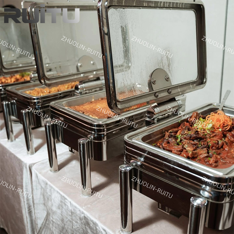 Restaurant Equipment Rose Gold Chaffer Dishes Luxury Glass Lid Induction 9L Cheffing Dishes Food Catering Stainless Steel Food Warmer Buffet Chafing Dish