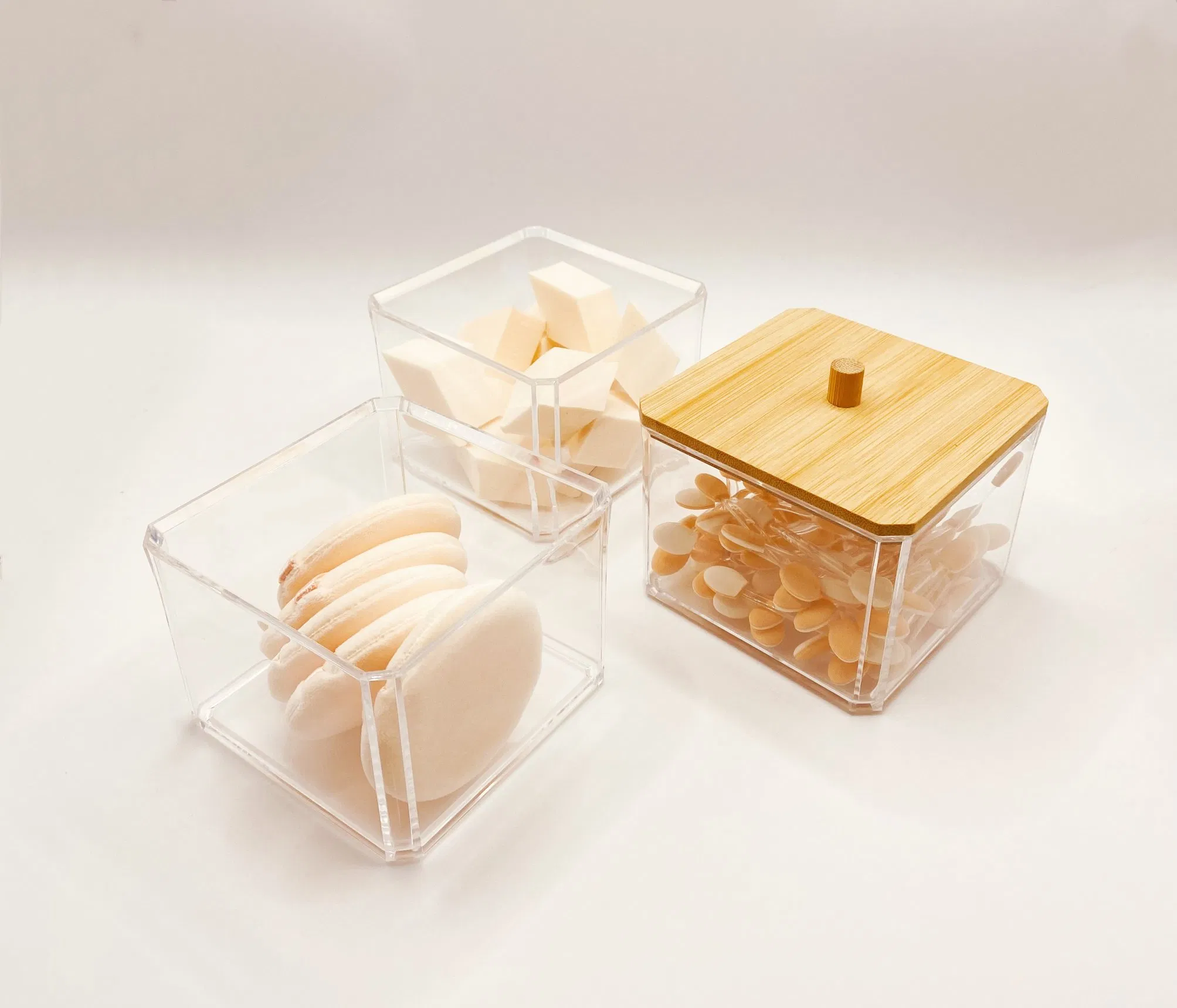 Cosmetic Powder Puffs Collection Storage Set 3 Stackable Box with Bamboo Lid