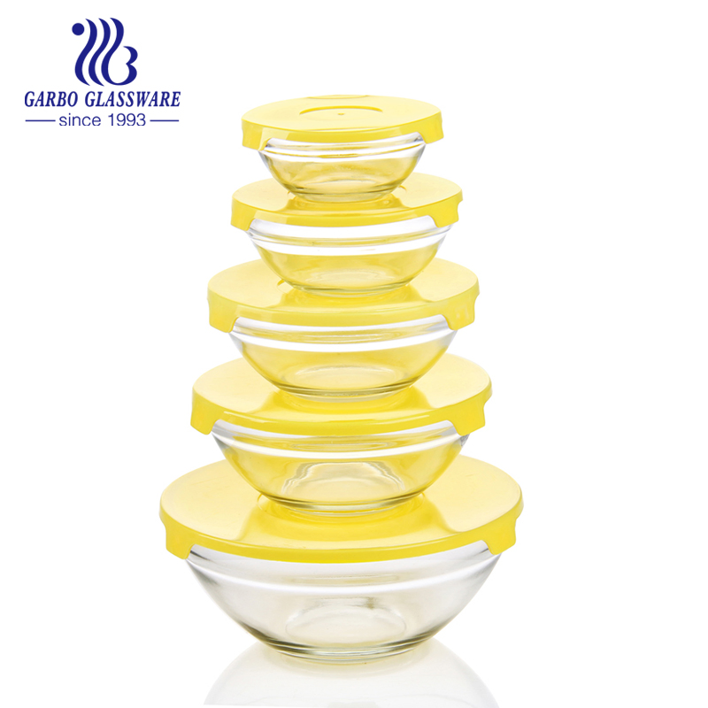 Colored 5PCS Glass Salad Bowl Set with Plastic Lids for Kitchenware Using with High Quality Tableware (GB1401-P) 5PCS Glass Bowl Set