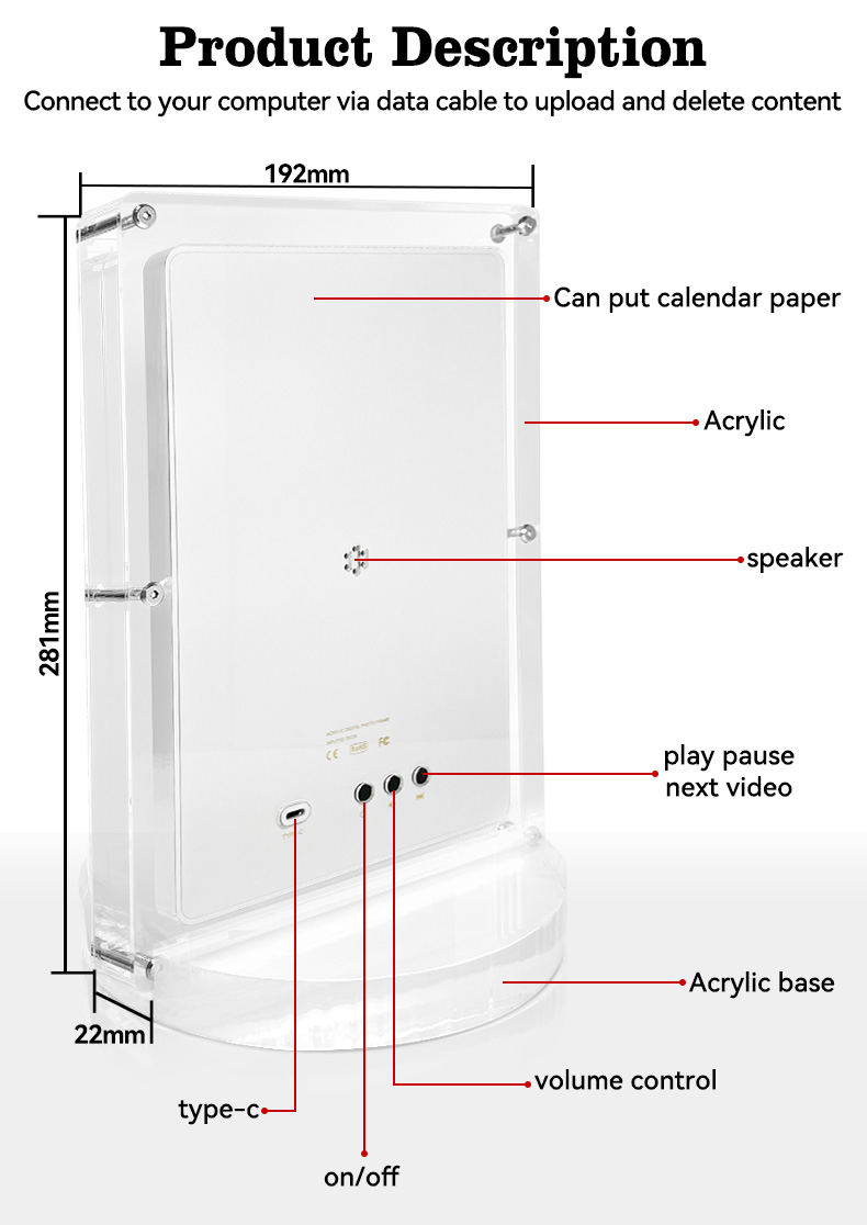 Allwin Popular 5 Inch 7 Inch 10 Inch Acrylic Digital Video Photo Frame for Home and Office Gifts