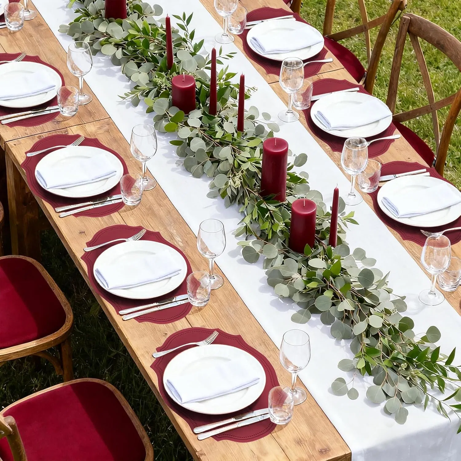 Set of 12 Christmas Oval Vinyl Placemats 17 X 12 Inch Antique Red Faux Leather Placemats Waterproof Placemat Non-Slip Wipeable Heat Resistant for Home Kitchen X