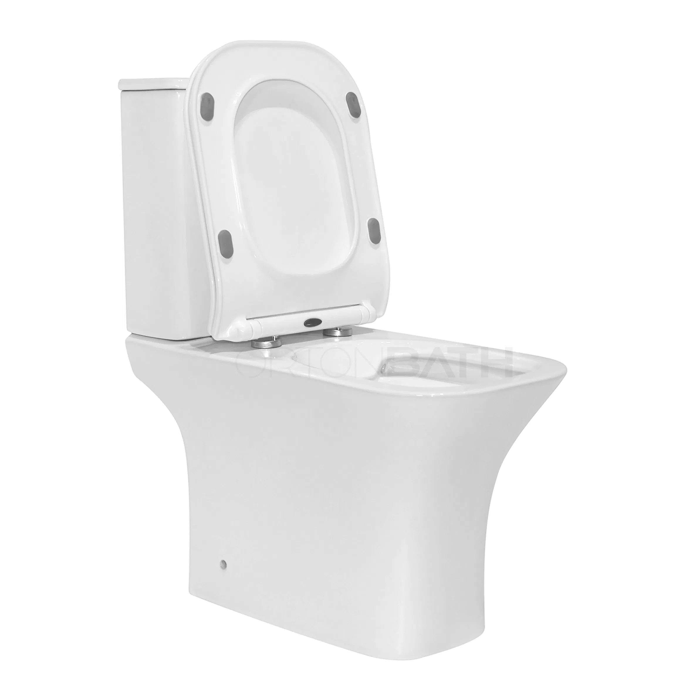 Ortonbath Rectangular Bowl Rimless Close Coupled Wc Toilet Pan Sanitary Ware Two Piece Toilet Bowl with Soft Close Seat Cover Thin Tank Cover for Russia Market