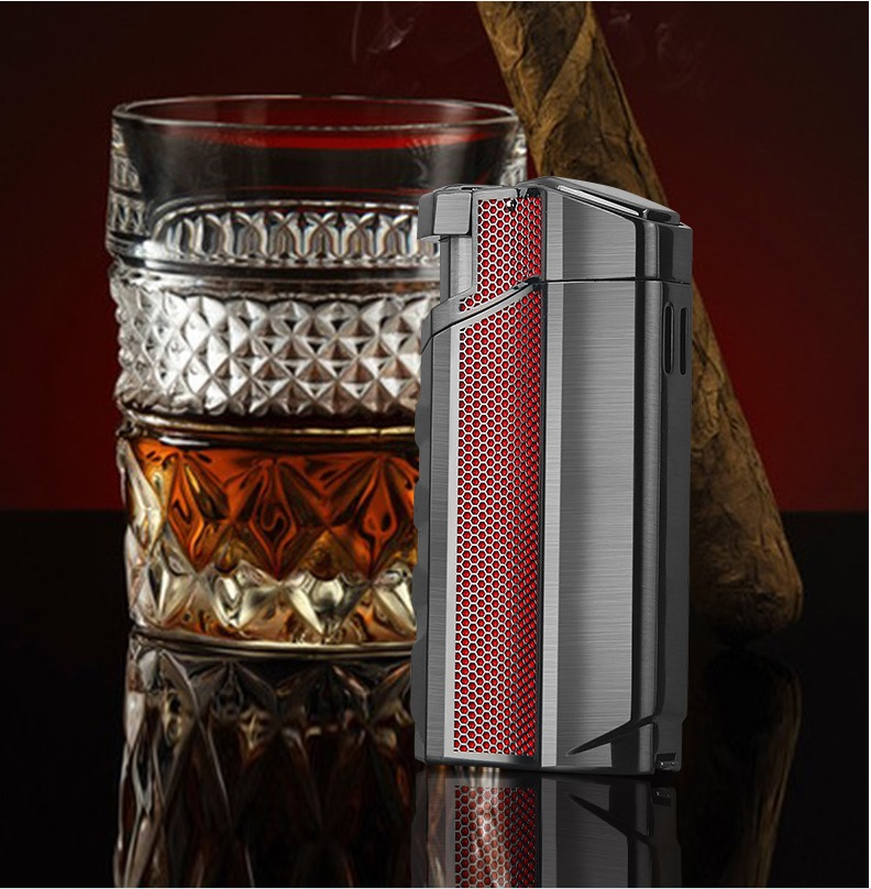 Refillable Torch Cigar Lighter with Built-in Cigar Punch, Cigar Holder, Triple Windproof Jet Flame Lighter with Gift Box