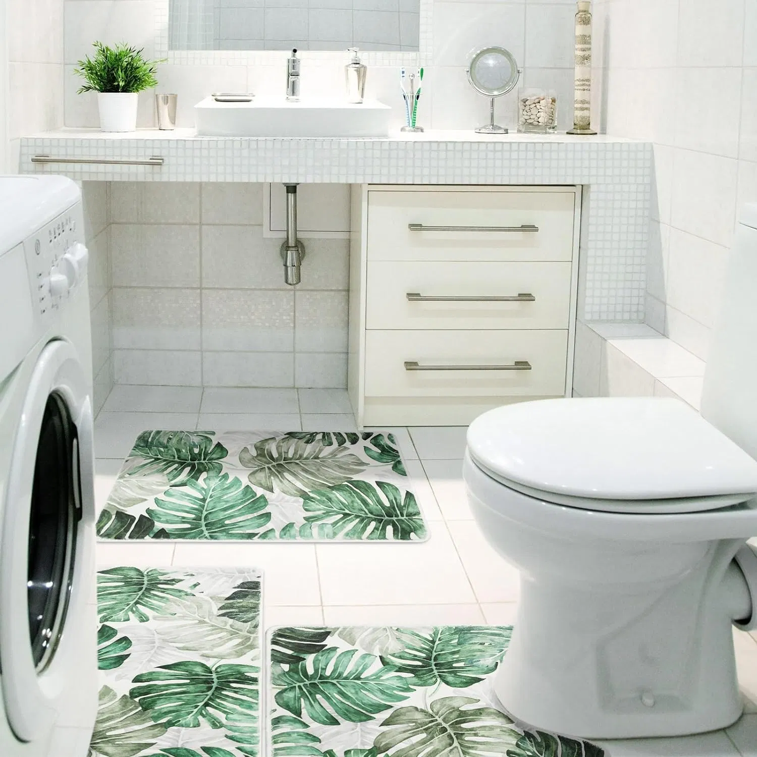 Clearance 3 Pieces Green Monstera Rug Washable Large Long Bathroom Strong Water Absorbent Rugs Non Slip Matting