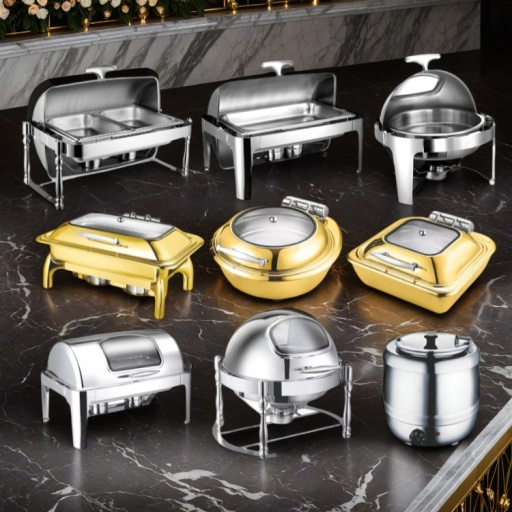 Best Price Electric RM Modern Elegant Commercial Round Roll Top Stainless Steel Three Section Tray Elite Gourmet Food Buffet Plate Chafing Dish Warmer for Sale