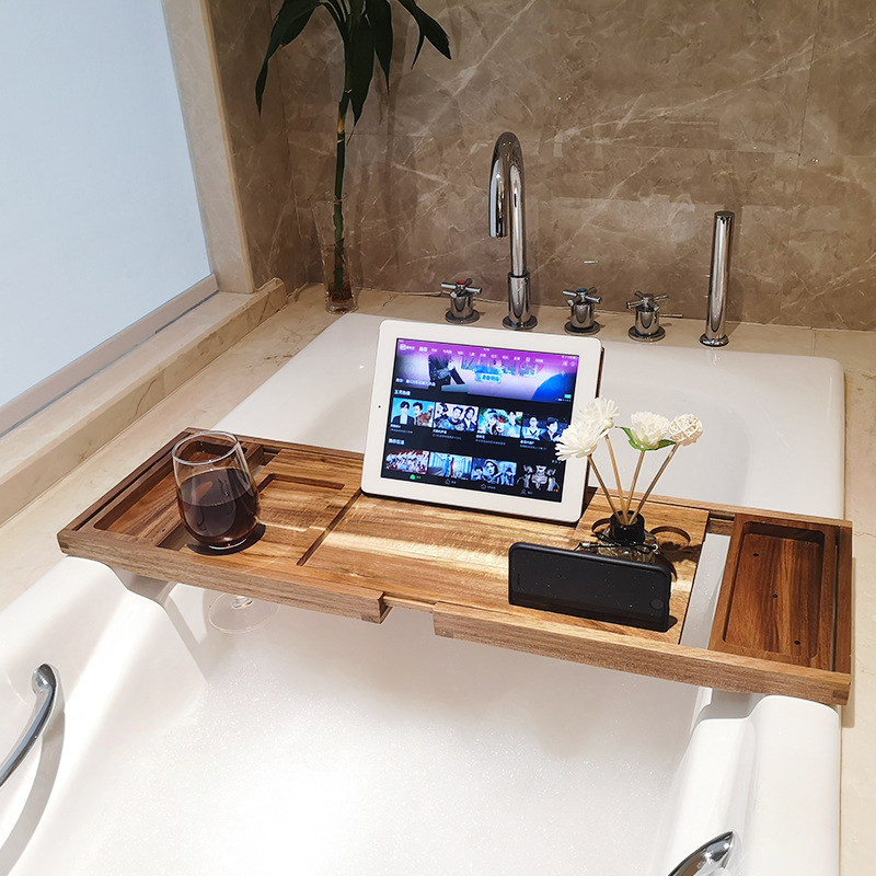 Bathtub Caddy Tray Expandable to 105cm Bamboo Book Stand and Soap Tray