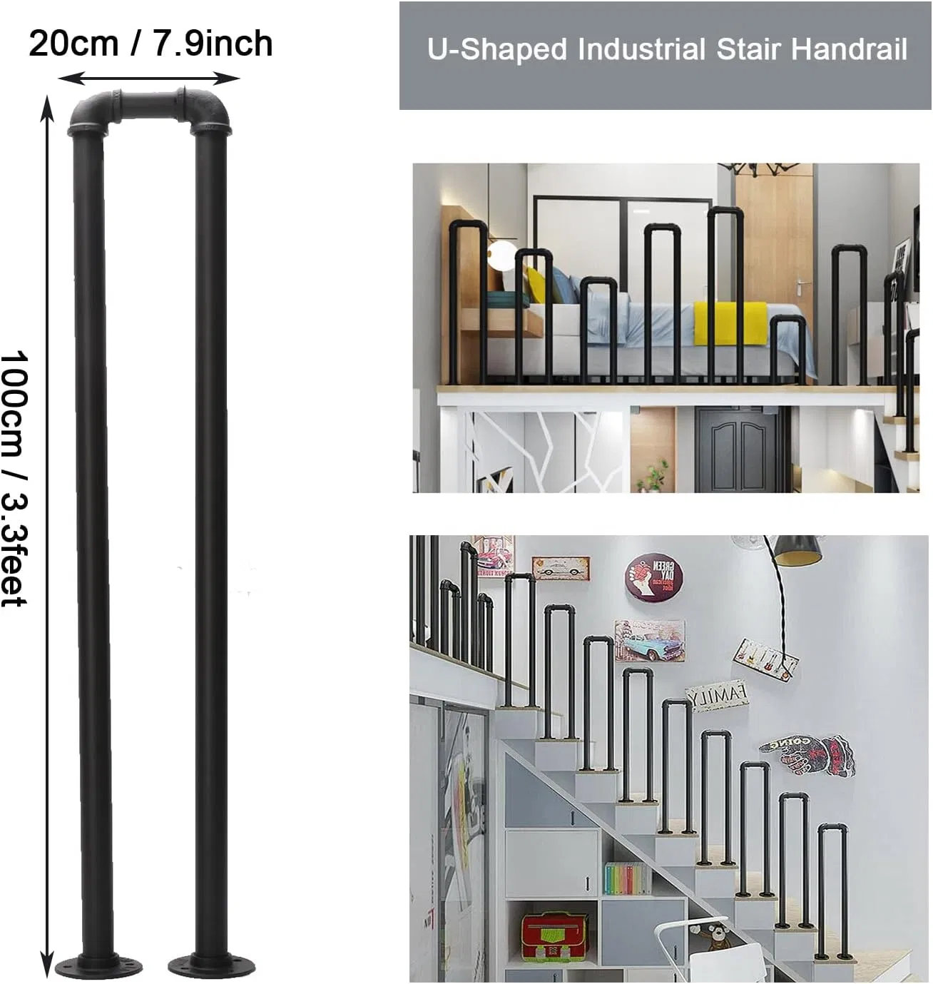 Industrial Malleable Iron Hand U-Shaped Railing Pipe U Handrail for Stairs Porch Garden Loft Corridor Indoor Outdoor