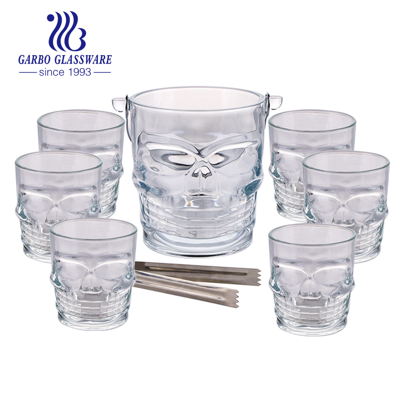 7PCS Glass Ice Bucket Set Engraved Design Cup and Bucket Set for Whisky with Color Box Pack South America Hot Sales Drinking Set