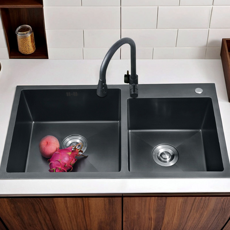 Commercial 201/304 Black Nano Double Bowl Handmade Stainless Steel Kitchen Sink with CE Sink Certificate Fregadero De La Cocina