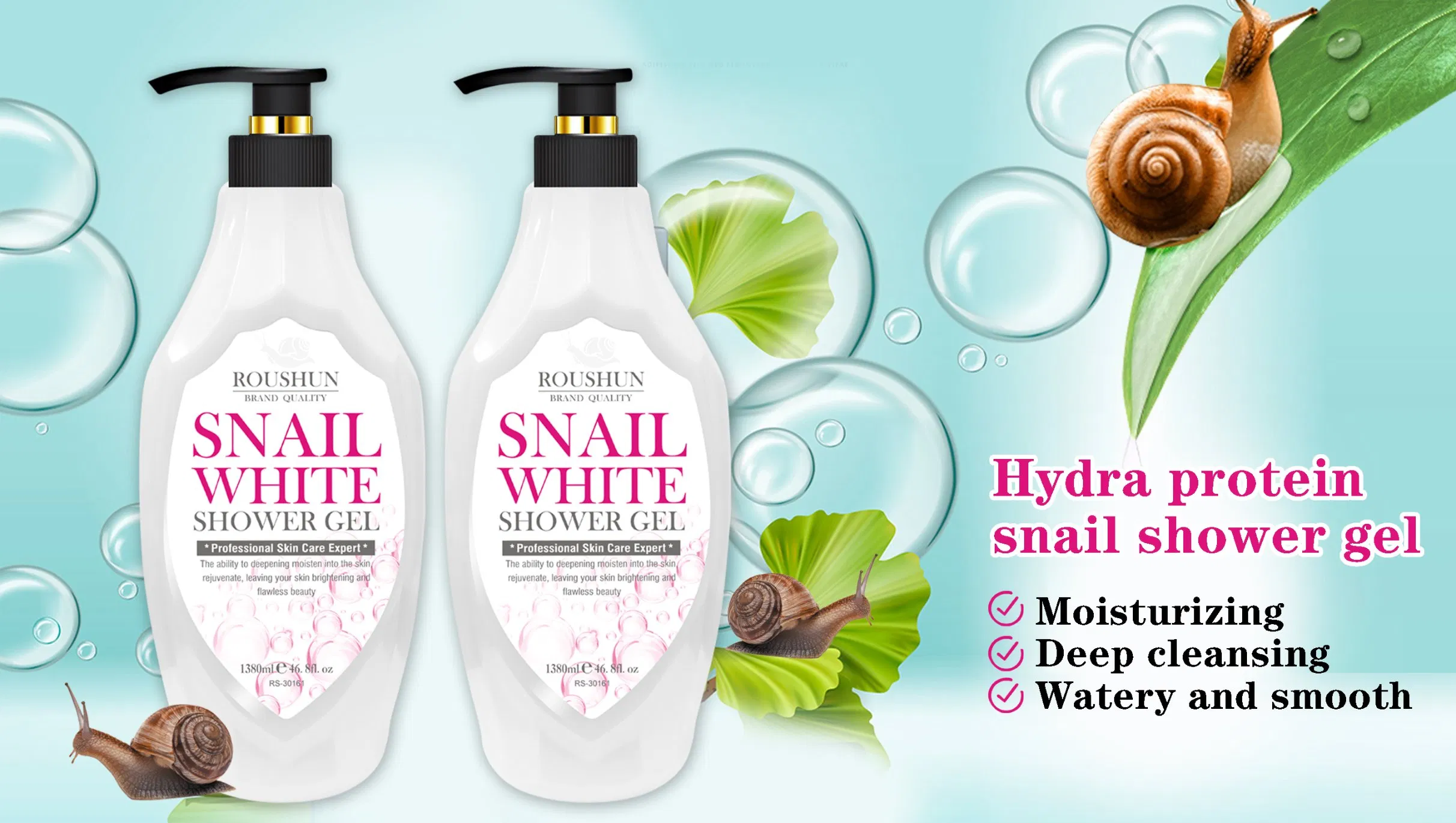 Roushun Whitening Smoothing Revitalizing Snail Extract Snail Shower Gel for Skin Whitening